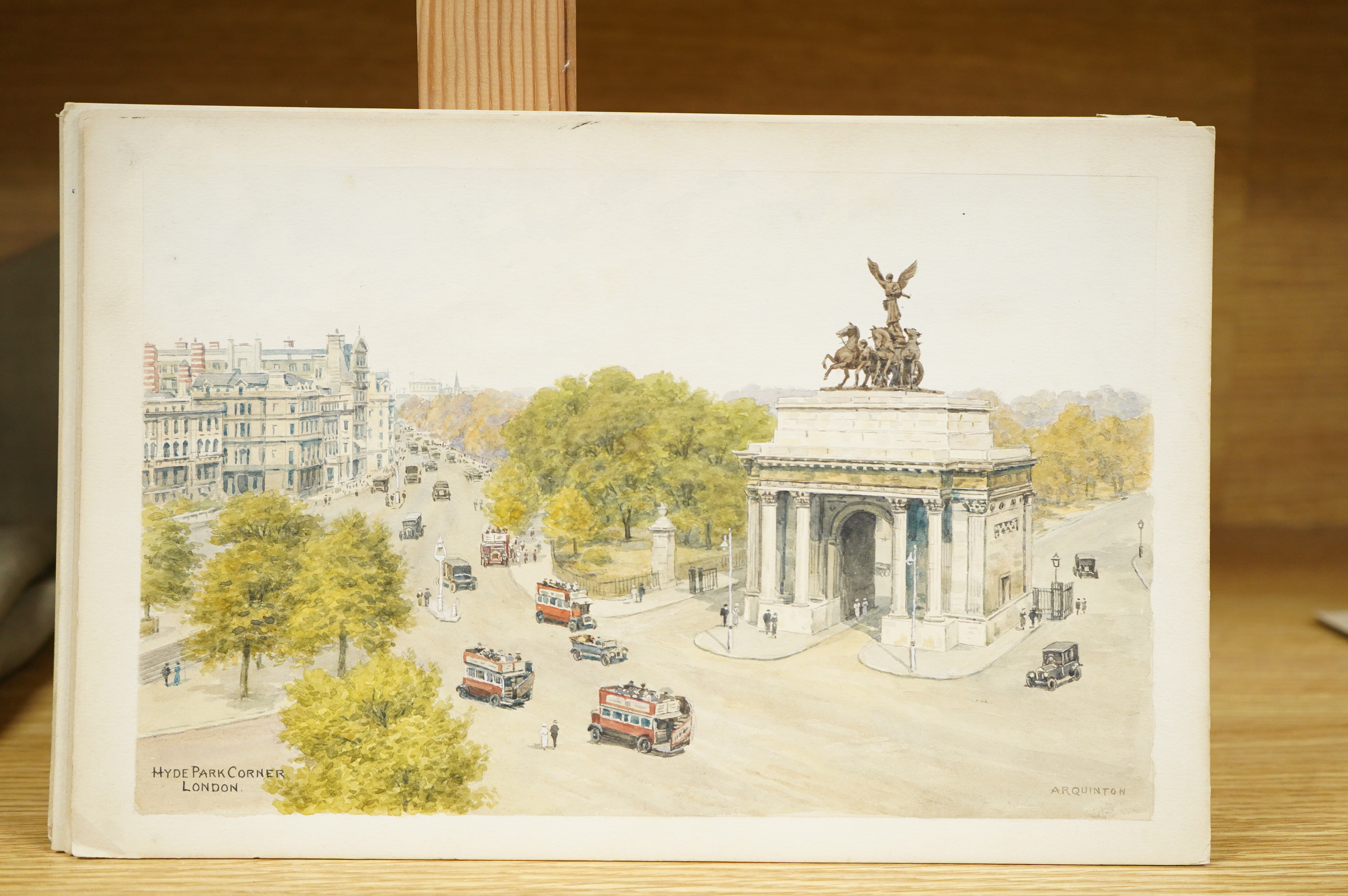 Alfred Robert Quinton (1853-1934), a set of six original watercolours for postcard designs, London views to include: Lambeth Bridge and Houses of Parliament, The Thames Embankment, The Lakes St James Park and Hyde Park C